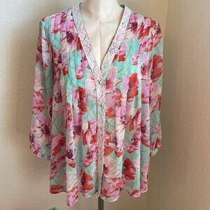 NY Collection pink teal floral BOHO button down 3/4 sleeve womens blouse Large